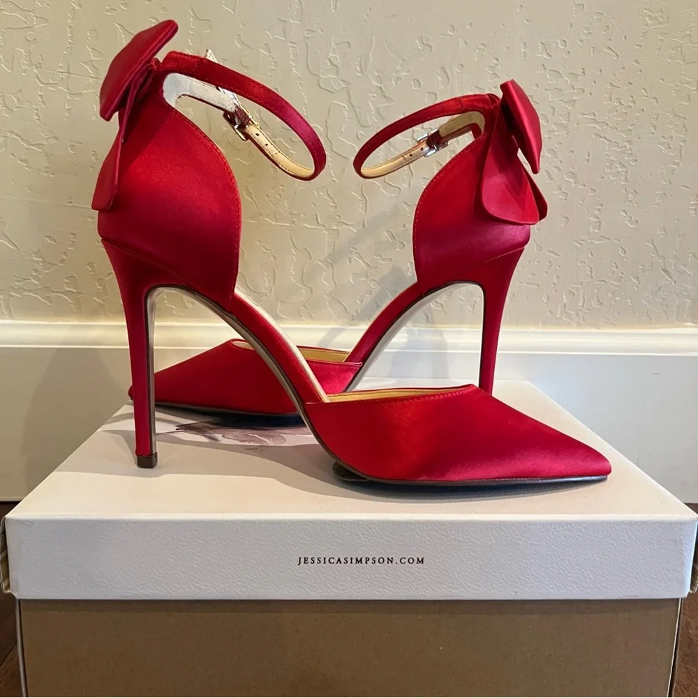 Jessica Simpson Red Satin Heels with Bow - Picture 1 of 12